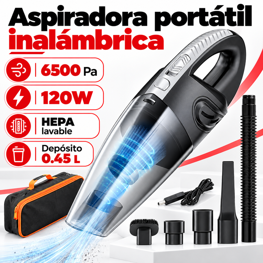 Aspiradora Portátil Inalámbrica para Auto 120W con Filtro HEPA