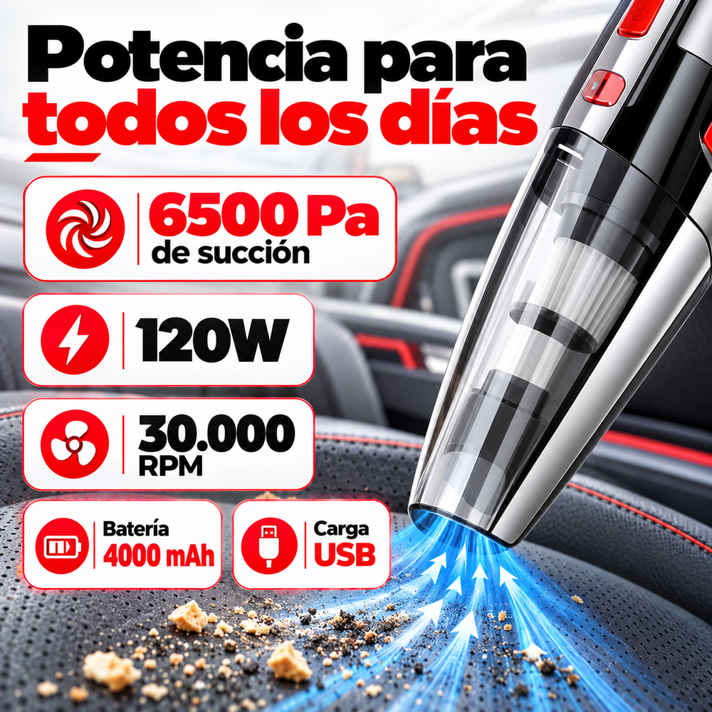Aspiradora Portátil Inalámbrica para Auto 120W con Filtro HEPA