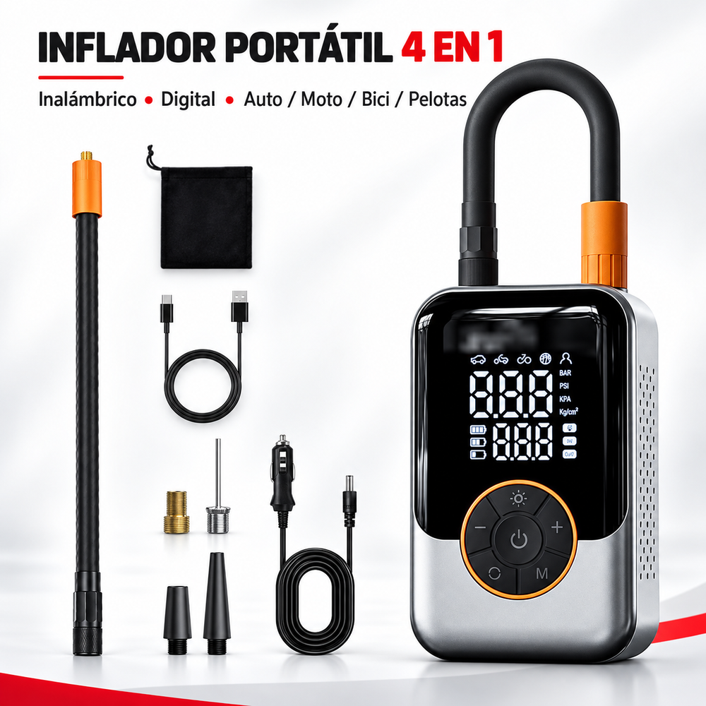 Inflador Portátil Inalámbrico 4 en 1 con Doble Pantalla