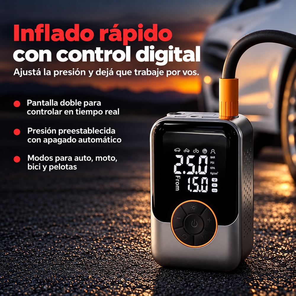 Inflador Portátil Inalámbrico 4 en 1 con Doble Pantalla
