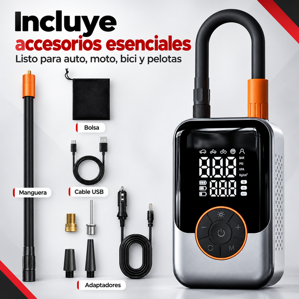 Inflador Portátil Inalámbrico 4 en 1 con Doble Pantalla