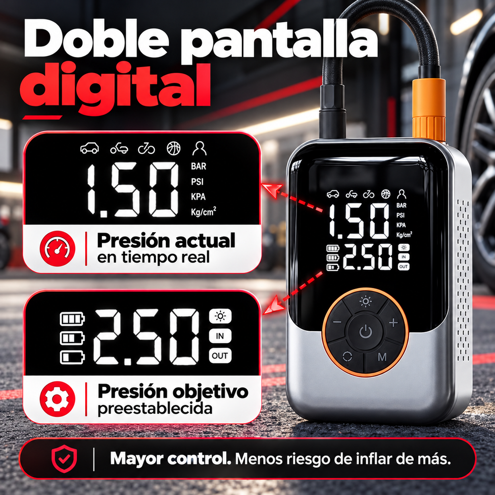 Inflador Portátil Inalámbrico 4 en 1 con Doble Pantalla